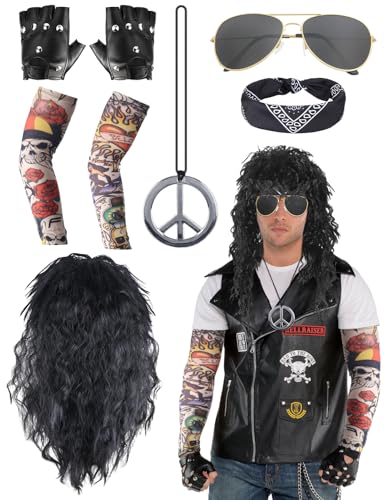 Accesorios Disfraz Años 70/80/90 Set de Disfraz Hippie, 6 Pcs Rockero Metal Pesado Accesorios con Peluca Bandana Gafas de Sol Collar Mangas de Tatuaje Guantes, Halloween Cosplay Carnaval Fiesta