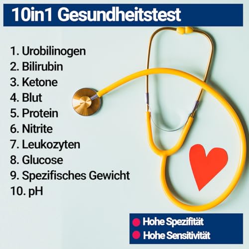 100x 10in1 Urinstreifen Teststreifen Selbsttest mit 10 Indikatoren Gesundheitstest Urinanalysestreifen Harnwegsinfektion, Ketose, Diabetes, Glucose, pH, Protein