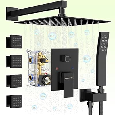 Bostingner Shower Body Sprays Systems, 10 Inch Rain Shower Head System Wall Mounted, All Metal Shower Jets System, Contain Rough-in Shower Valve, Matte Black