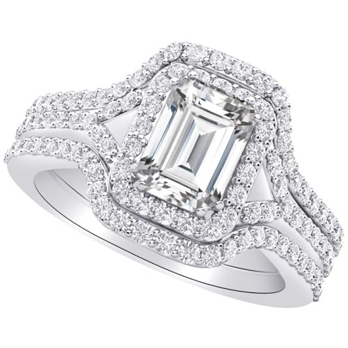 1-8 Carat (ctw) White Gold Emerald Cut LAB GROWN Diamond Emerald Cut Halo Diamond Wedding Wedding Bridal Set With Split Shank (Color D-E Clarity VS1-VS2)