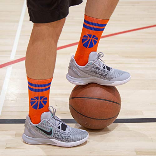 ChalkTalkSPORTS Basketball Woven Mid-Calf Socks | Classic Stripe & Ball | Orange & Blue4