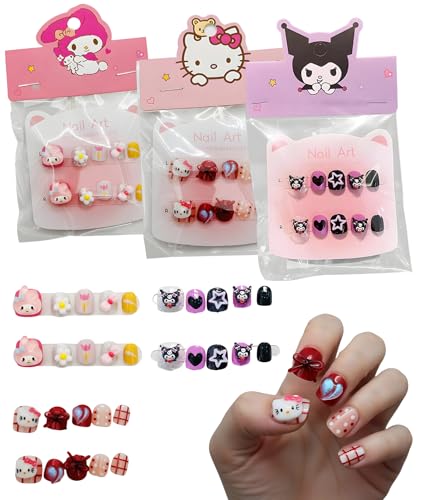 3 Boxes Nail Art Kit for Girls 6-12, Fake Nails Extension Kit with Cartoon Designs, Press on Nails Kit for DIY Manicure, Safe Artificial Nails Set for Fashion
