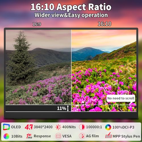 Image of 16 inch 4k OLED Touchscreen Portable Monitor, 3840 x 2400 100% P3 Portable Display MPP Stylus Pen Compatibility 1MS Eye Care PC Monitor for Laptop,Mac NUC Mini PC,VESA & Integrated Stand