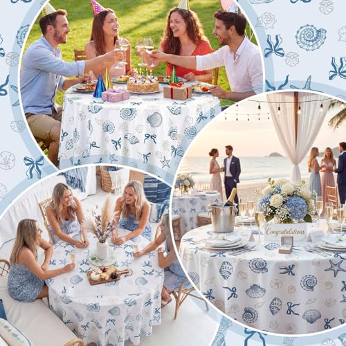 Image of Chumia 2 Pcs Coastal Tablecloth White and Blue Bachelorette Tablecloth Disposable Plastic Waterproof Table Covers Dinner Party Setting Floral Wedding Bridal Home Party(Round Shell)
