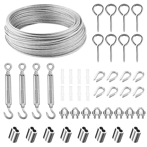 Zorplex 30M Cavo in Acciaio Inox Kit, 3mm Fune Acciaio in PVC Rivestito con Tenditore M5, Fune Metallica Resistente per Piante Rampicanti, Stendibiancheria, Illuminazione Esterna e Progetti da Giardi