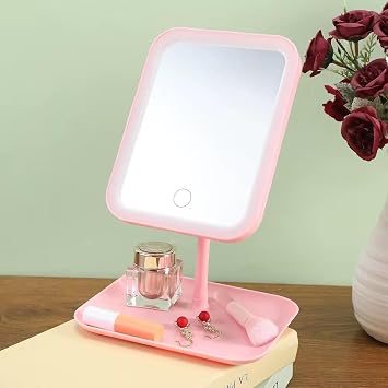 DUFFA Led Işıklı Ayarlabilir Makyaj Aynası, USB Şarj Edilebilir, 3 Işık Fonksiyonu, Parlaklık Ayarlı ve Organizer Tabanlı Taşınabilir Kozmetik Ayna- Pembe
