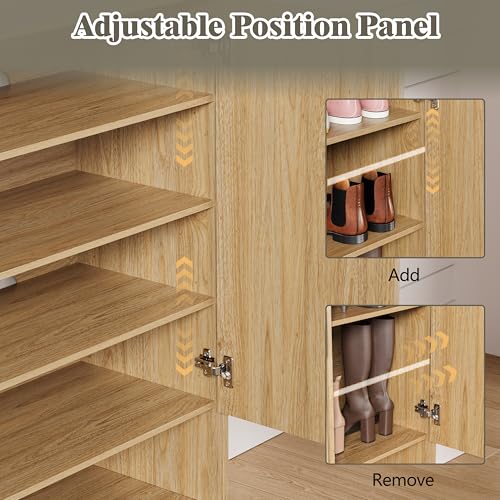 Image of Shoe Cabinet Storage for Entryway with Doors, 5 Tier Fluted Shoe Organizer with Adjustable Shelves, Entryway Shoe Storage with Wooden Legs, Freestanding Hidden Shoe Rack for Front Door Entrance, Oak