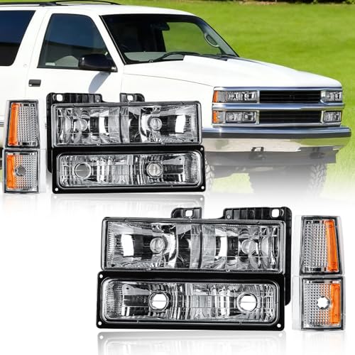 Fullux Headlights Assembly for 1994 Chevy Blazer / 1995-1998 Chevrolet C/K 1500 2500 Suburban / C1500 C2500 C3500 K1500 K2500 K3500 / 1995-1998 Tahoe/Chrome Housing Amber Reflector