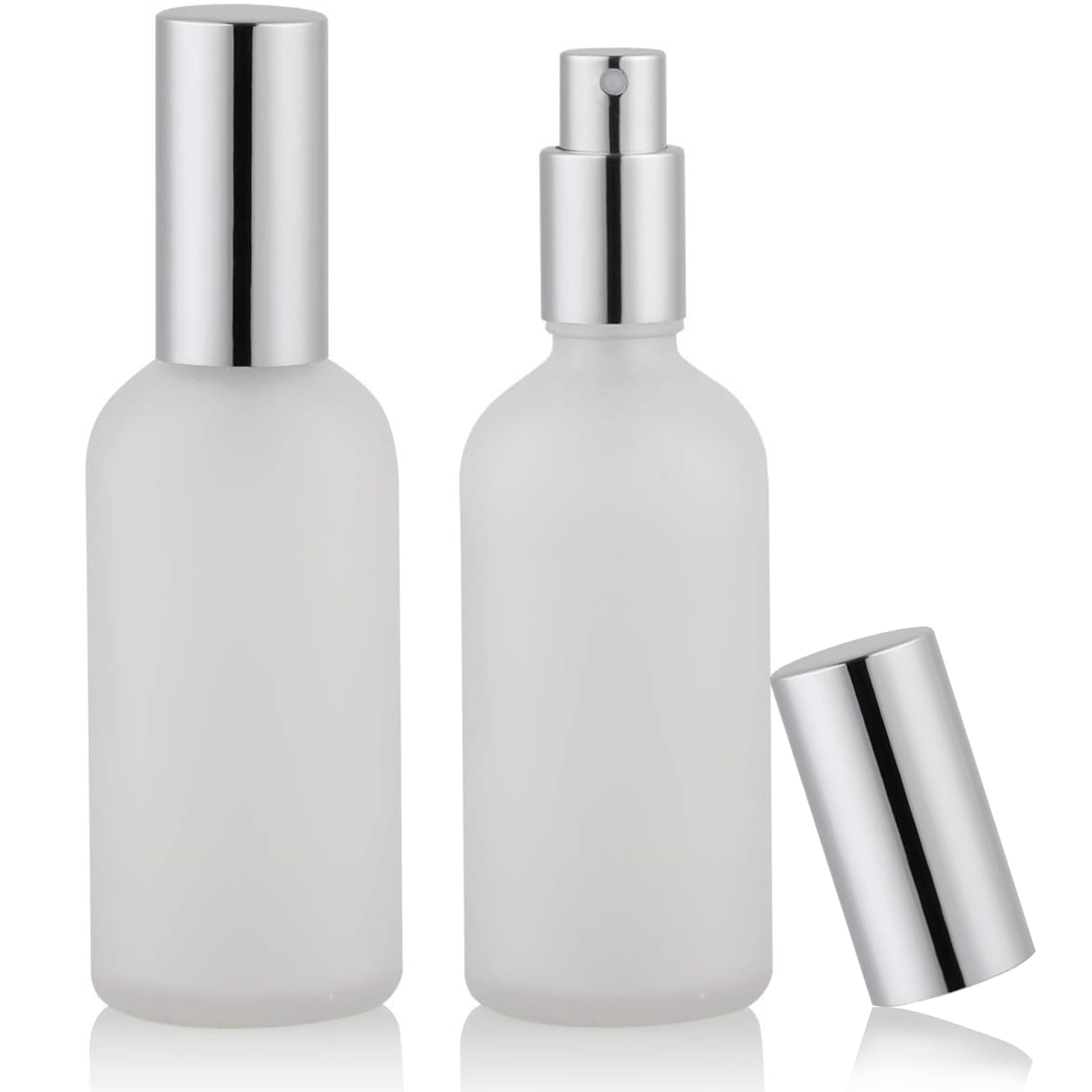 FENDOUNIU Frosted Spray Bottles 100 ml/ 3.4 oz, Leak-proof Glass Empty Bottles with Caps, Travel Fine Mist Sprayer, Refillable Empty Bottles for Essential Oils, Perfume, Makeup Toner (2 Pack) (Silver)
