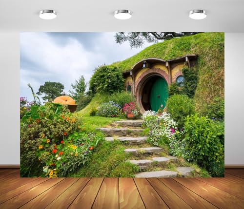 BELECO 5x3ft Fabric Hobbiton Cave Backdrop Rural House Living Cabin Green Garden Cave Background for Hobbit Party Decorations Birthday Photoshoot Studio Booth Photo Props