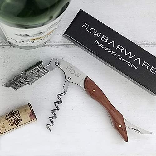 FLOW Barware 3-in-1 Waiter's Friend Corkscrew, Bottle Opener, & Foil Cutter | Cork Screwer Bottle Opener | Stainless Steel Cork Screw with Rosewood Handle | New Home Essentials, Gift for Wine Lovers