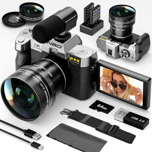 Image of NBD 5K Digital Cameras for Photography - 16X Zoom Travel Camera with 180 Flip Screen, 64MP Vlogging Cameras Fotograficas for YouTube, Auto Focus, Macro Lens, 2 Batteries & 64GB TF Card（Silver）