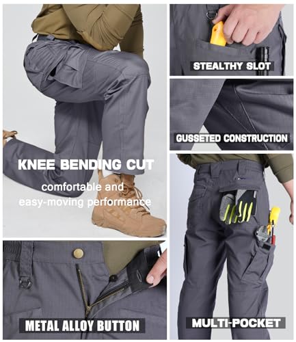 SPOSULEI Cargohose Herren Leichte Outdoor Wanderhose Arbeitshosen Männer Ripstop Taktische Hose Sommer mit Multi Taschen Dunkelgrau 34Wx34L
