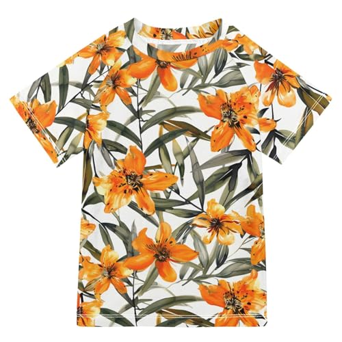 ALAZA Kids Rash Guard Girls Toddler Swim Shirts Short Sleeve Orange Floral Flowers UPF 50+ 3T