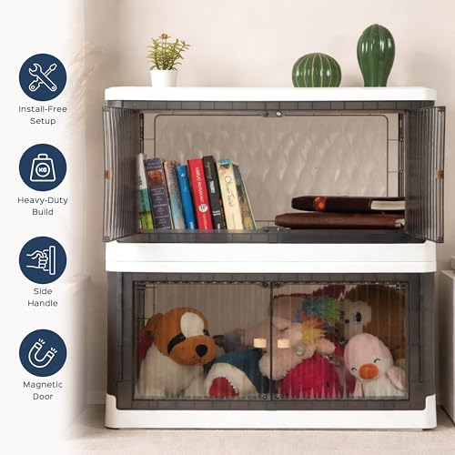 Image of HomeStrap Large (Pack of 1) Rollin Stacker Plastic Stackable Storage Box With Wheels | Collapsible /Foldable Storage Bins With Door | Space-Saver Organizer With Door (Grey)