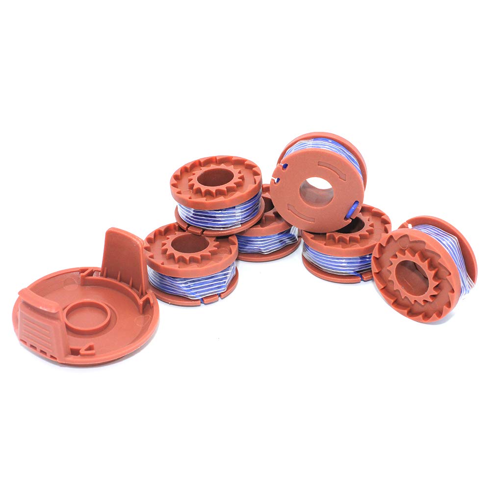 7PK Spools For Worx WG150 WG151 WG151.5 WG152 WG153 WG154 WG155 WG155.5 Weed Wacker Eater String Trimmer Replacement Spools Line 10ft 0.065” Autofeed with WA6531 GT Spool Cap Covers (6 Spool 1 Cap)