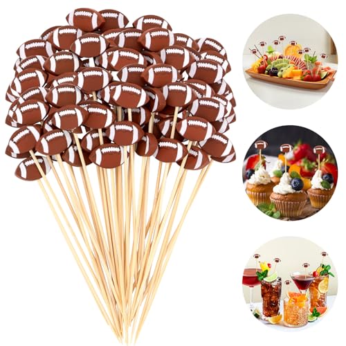 100 Pcs Football Toothpicks 4.72 Inch Football Cocktail Picks for Appetizers Long Bamboo Toothpicks Decorative Toothpicks Skewers for Holiday Birthday Party Decorations (Football)