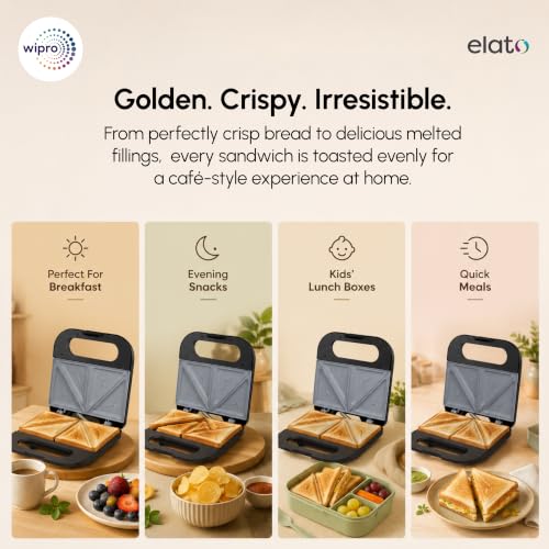 Image of Wipro Elato BS102 Signature 800W Toast Sandwich Maker|Ceramic Coated Plates|BPA Free|PTFE, PFAS & PFOA Free|Auto Temperature Control|Cool Touch Handle|Fits 2 Regular Bread Slices|2 Year Warranty