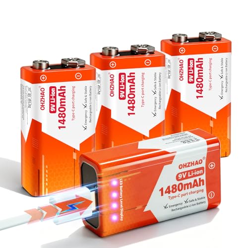 OHZHAO 4 Stück 1480mAh wiederaufladbare 9v Batterie langlebige 9volt Block batterien mit LED-Anzeige USB-C-Aufladung mit Ladekabel für Rauchmelder Multimeter Mikrofone Walkie-Talkies Spielzeug