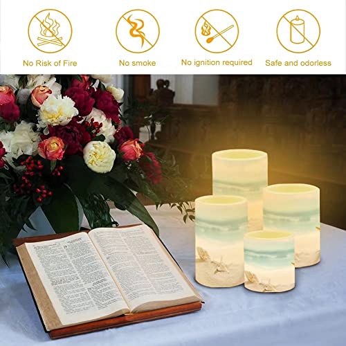 Image of Beach Starfish Seashell Flameless LED Battery Candles 4 Pieces Pillar Fake Candles with Colored Light 4H 8H Timer Remote for Wedding Beach Party Coastal Room Decor