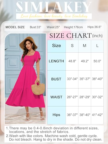 Image of Women's Summer Causal Dress Flowy Maxi Dress Square Neck Sleeve Tiered Smocked with Pockets(Hot Pink,Medium)
