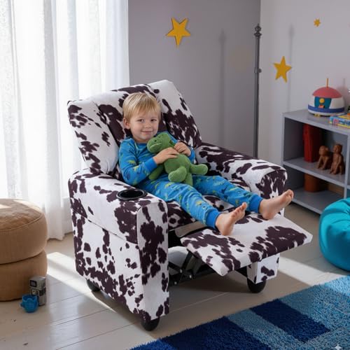 Image of GLACER Kids Recliner with Cup Holder, Velvet Toddler Lounge Chair | Child Recliner w /Adjustable Backrest & Footrest, Spring Seat Cushion, Push Back Cow Chair for Ages 3+, Supports 150 lbs