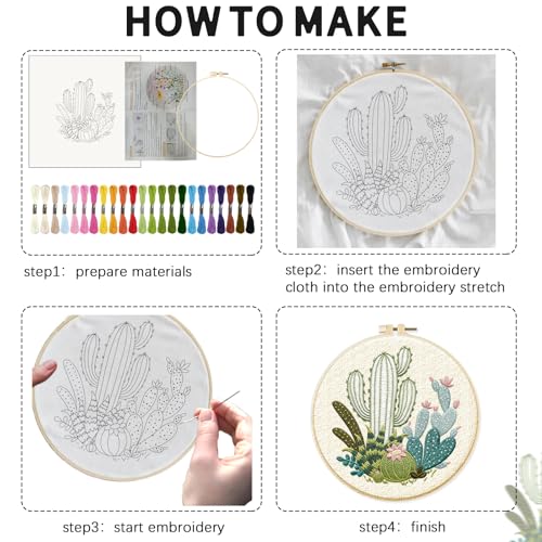 Image of INFUNLY 4pcs Cactus Embroidery Kit Embroidery Starter Kits Cactus Cross Stitch Kits for Adults Stamped Embroidery Set with Patterns Embroidery Kit for Beginners Instruction Included