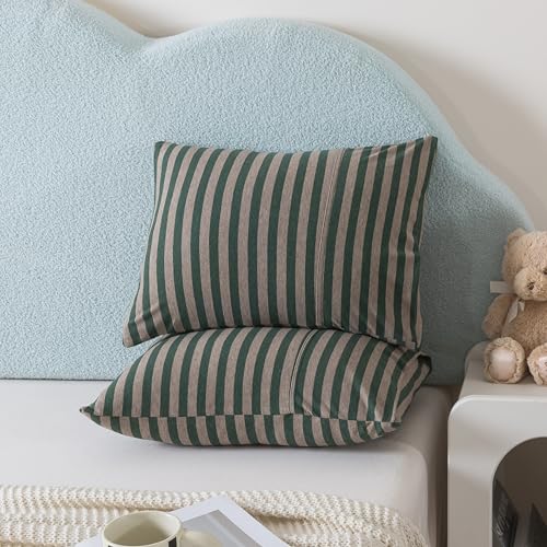 Image of H HOUSEHOLD 2-Pack Pillowcases 100% Cotton Knit Envelope Style, Ultra Soft Breathable Standard 13x18 Inch Pillow Cover, Machine Washable Dark Green and Grey Striped