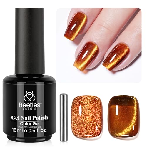Image of Beetles Brown Cat Eye Gel Nail Polish - Amber Glint Cat Eye Gel Polish, 15ML Brown Gold Powder Magnetic Glitter Gel Polish Soak Off UV French Nail Art Salon DIY Manicure Gift for Women | Brown Gold Powder Magnetic Glitter Gel Polish Soak Off UV French Nail Art Salon DIY Manicure Gift for Women