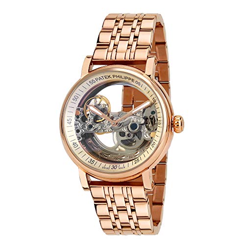 Image of Men's Patek Phillip Skeleton Transparent Automatic Chronograph Watch (Beige Dial, Rosegold Strap)