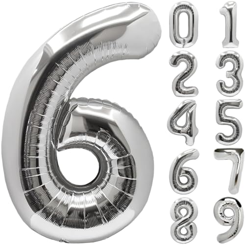 Image of Number Balloons Silver Party Balloon - Giant Number 6 Balloon, 40 Inch Large Balloon for Birthday Decorations, Silver Party Supplies for Anniversary