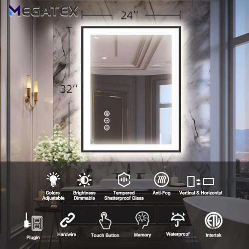 24x32 LED Bathroom Mirror, Black Aluminum Framed, Backlit + Front-Lit, 3 Colors Temperature Changeable, Dimmable Vanity Mirror, Tempered Glass, Defog, Waterproof, Memory (Horizontal/Vertical)