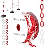 YUJUVI Absperrkette Kunststoffkette 50M Warnkette 8mm Plastikkette Kunststoff kette mit 10 Karabinern für Barrieren in Auffahrten zum Absperren von Flächen Gut Sichtbar (Rote Weiße, 50M / 8mm)