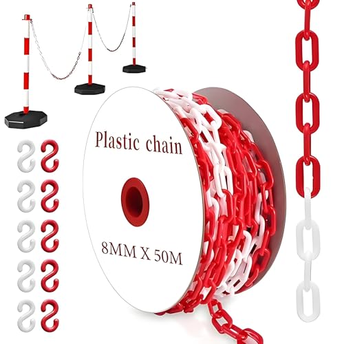 YUJUVI Absperrkette Kunststoffkette 50M Warnkette 8mm Plastikkette Kunststoff kette mit 10 Karabinern für Barrieren in Auffahrten zum Absperren von Flächen Gut Sichtbar (Rote Weiße, 50M / 8mm)