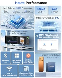 BMAX B1Plus Mini PC Win 11, Intel Celeron J3355(jusqu'à 2,5 GHz) 6 Go LPDDR3 RAM 128 Go eMMC SSD, Mini Ordinateur de Bureau Double écran, WiFi 5, BT5.0, Tour PC pour l'école/Bureau