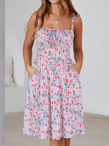 Image of YATHON Summer Mini Corset Sun Dress for Women Short Casual Square Neck Lace Up Floral Beach Vacation Dresses with Pockets