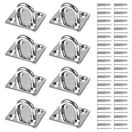 Bubuyun 8 PCS 304 Stainless Steel Oblong Pad Eye Plate, Marine Staple Hook M6 Loop Eye Plate Hook Marine Hardware with 32 Screws and Plugs for Swing Hammock Boat Splint