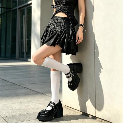 Image of FOREADA Lolita Shoes Platform Mary Jane Heels Kawaii Bow Lace Pearl Pumps | Vintage kawaii lolita styling ideal for dresses, with bead, lace, bow, ankle strap, pink, white and classic black colors