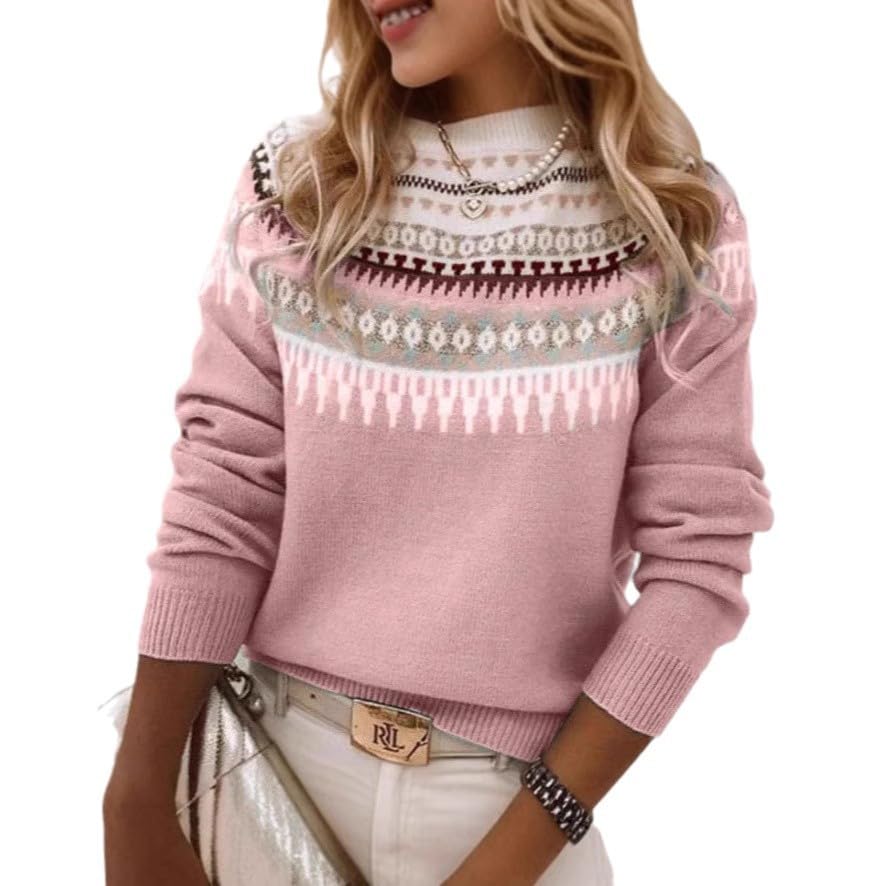 Fair Isle Pattern Sweater Womens Crew Neck Knit Long Sleeve Pullover Winter Autumn Sweater Top