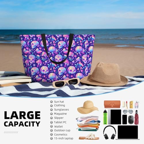 Large Beach Bags Water-resistant Sandproof - colorful mushroom Skull rainbow Cute Beach Tote Bags for Women with Zipper4