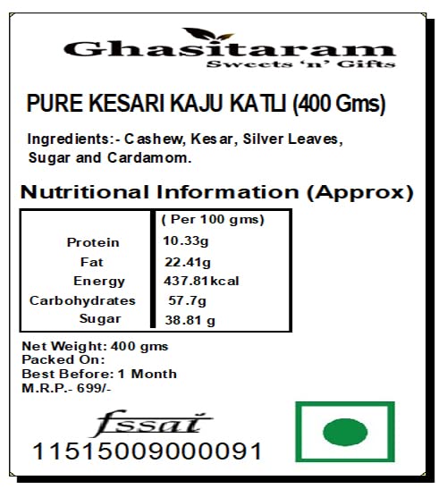 Ghasitaram Gifts Pure KESARI KAJU KATLI (400 GMS) |Sweets|Sweets Gift Pack|Diwali Sweets|Indian Mithai|Diwali Sweets Gift Box|Sweets Gift Box 1