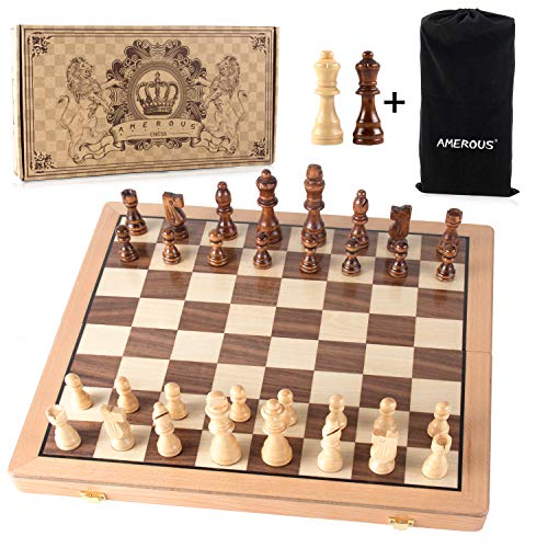 AMEROUS Magnetic Wooden Chess Set, 15 Inches Handmade Wooden Folding Travel Chess Board