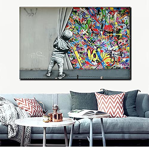 Peinture Graffiti Art Derrière Les Rideaux affiche street art moderne salon 80x110cm sans cadre