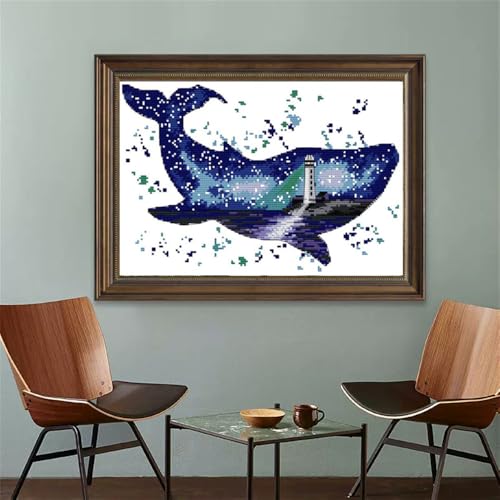 Image of Dolphin Stamped Cross Stitch Kits for Adults, 11CT Pre printed fabric Crossstitching Kits, Embroidery Kits for Beginners, DIY craft kit Home Decor - (The world of whales(11CT)17.72 x12.99 Inches)