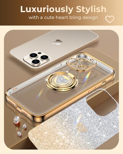 Image of XYZ for iPhone 14 Pro Back Cover Case with Stand, Phone Case with Double Ring Kickstand, Women Girls Bling Luxury Glitter Clear Phone Case Cover Heart for iPhone 14 Pro, Gold
