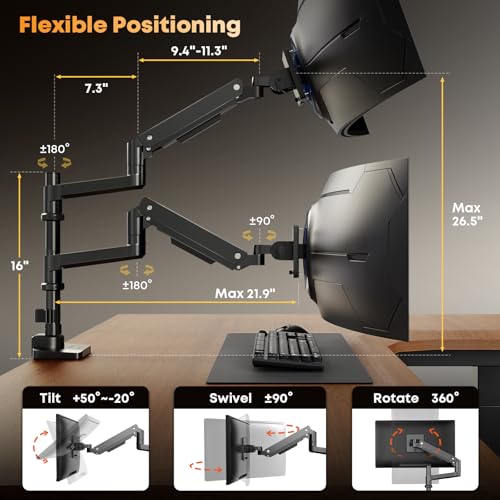 Image of PUTORSEN 17-49 Inch Premium Aluminum Heavy Duty Dual Monitor Arm for Ultrawide Screens up to 44lbs, Vertical Stacked Desk Mount, Full Motion VESA 75 /100, Black