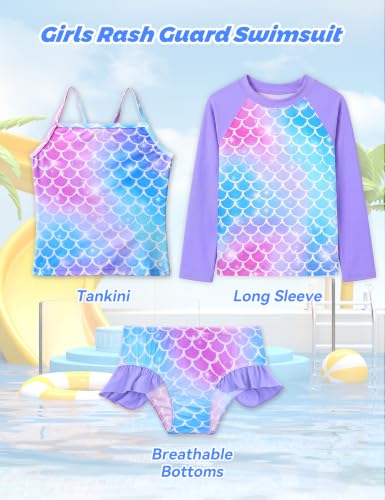 Image of Girls Rash Guard Swimsuit 3 Pieces Long Sleeve UPF50+ Quick Dry Bathing Suit for Toddler 3-12Y