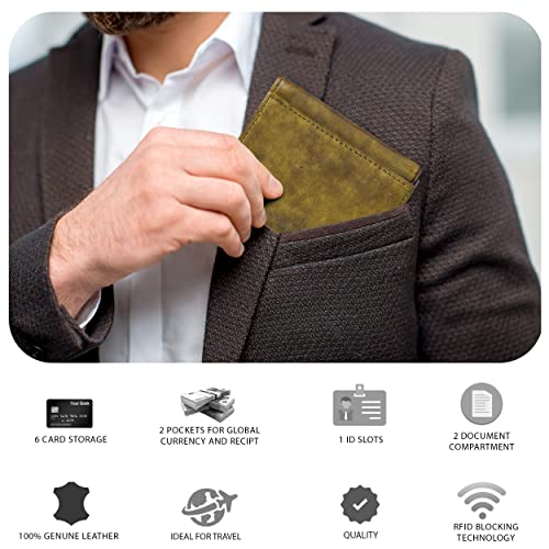 Image of Tri fold Leather Wallet for Men with RFID | Slim Wallets for Men with 1 ID and 6 Credit card slots | Front Pocket Minimalist