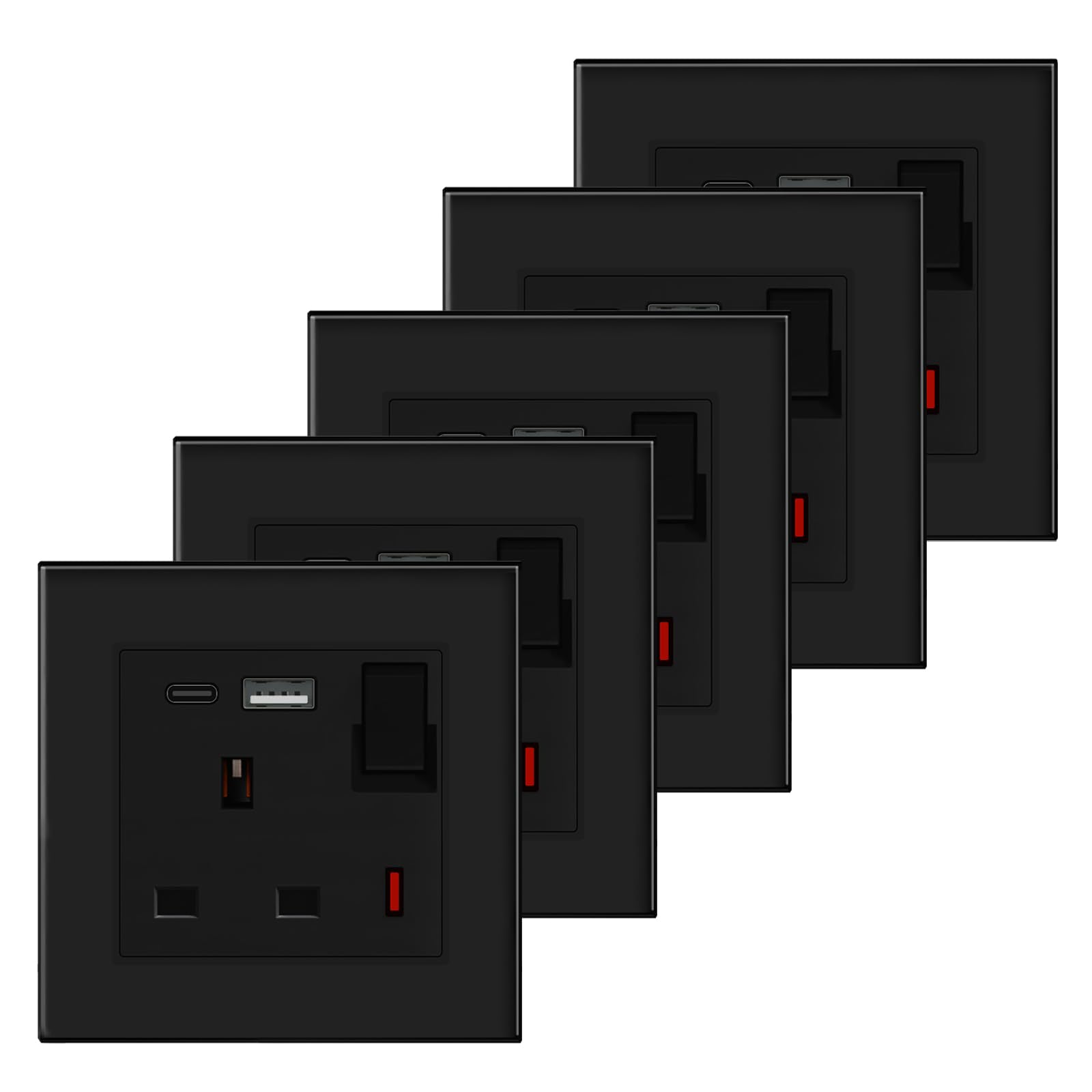 BSEED Single Socket 13A with USB A and USB C 18W, Single Plug Socket 1 Gang UK Standard, Switched Outlet with Glass Panel, Electric Power Outlet Black, 5 Pack — image 1