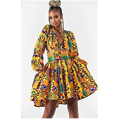 Yisss African style digital printing women's long-sleeved V-neck dress, sexy strappy backless dress, singer, model, dance party, wedding (Color : Green, Size : 2-M) Cover